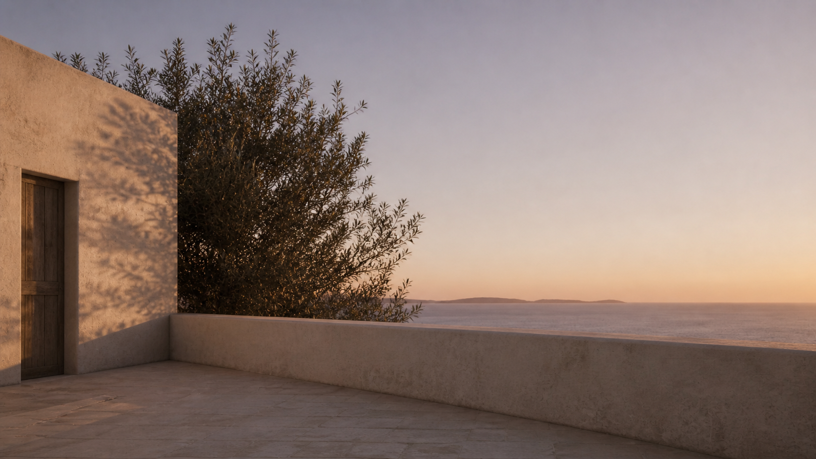 Terrace with olive tree at dusk overlooking the Aegean